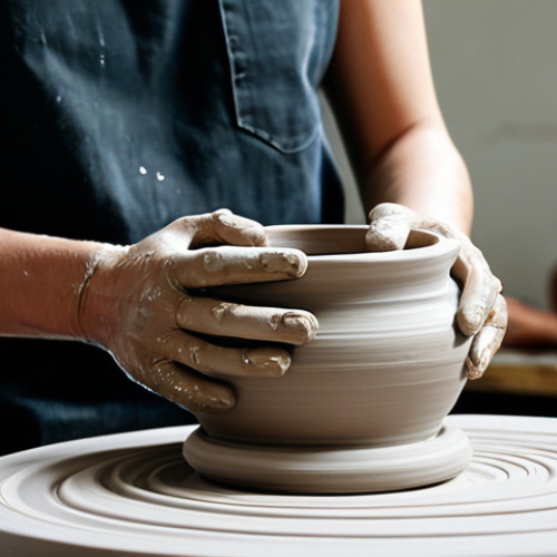 Home 11 A professional potter, fully clothed in appropriate studio attire, intently shaping wet clay on a spinning potter's wheel. Their hands are gracefully positioned, creating a symmetrical form with a peaceful, focused expression. The well-lit studio workshop features natural light, with various unfired clay pieces and pottery tools visible on workbenches in the background, conveying a calm and organized atmosphere. Perfect anatomy, correct proportions, natural pose, well-formed hands, proper finger count, natural body proportions. Safe for work, appropriate content, fully clothed, professional, modest.