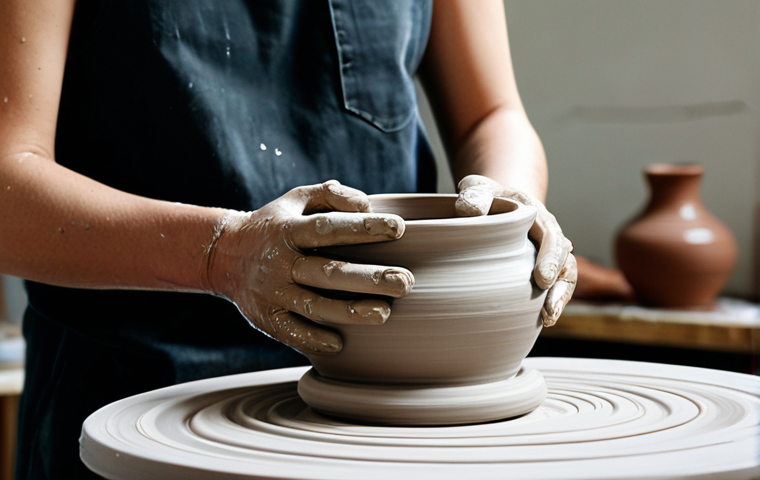A professional potter, fully clothed in appropriate studio attire, intently shaping wet clay on a spinning potter's wheel. Their hands are gracefully positioned, creating a symmetrical form with a peaceful, focused expression. The well-lit studio workshop features natural light, with various unfired clay pieces and pottery tools visible on workbenches in the background, conveying a calm and organized atmosphere. Perfect anatomy, correct proportions, natural pose, well-formed hands, proper finger count, natural body proportions. Safe for work, appropriate content, fully clothed, professional, modest.