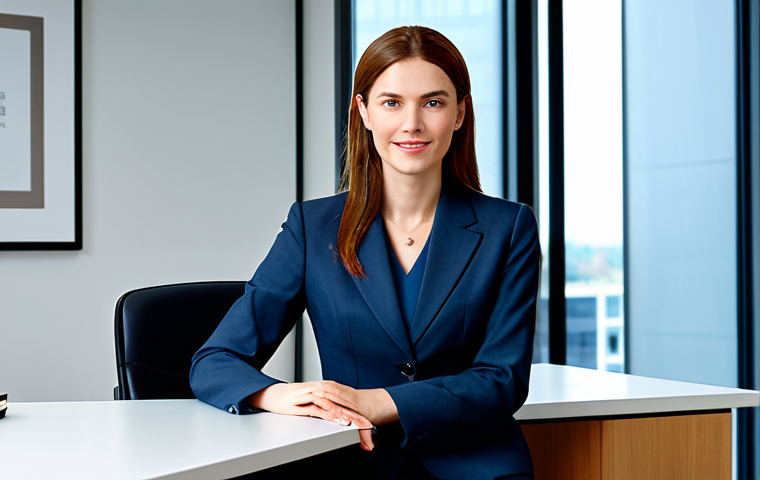 "A professional businesswoman in a modest business suit, sitting at a desk in a modern office, fully clothed, appropriate attire, safe for work, perfect anatomy, natural proportions, professional photography, high quality"